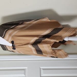Striped Tan and Gray Poncho with Toggle Closure And Fringe